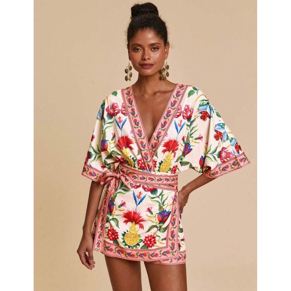 Pineapple Garden Wrap Romper Cream Pink Floral Tropical Kimono Sleeve L‎
